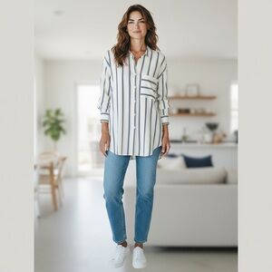 H&M L.O.G.G. Relaxed Fit Blue/White Striped Cotton Button down Shirt Size 8